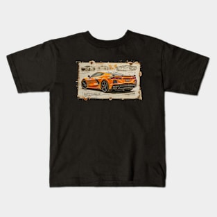 Orange C8 Corvette Design Drawing Supercar Racecar Muscle Car Printed on Back Amplify Orange Corvette C8 Kids T-Shirt